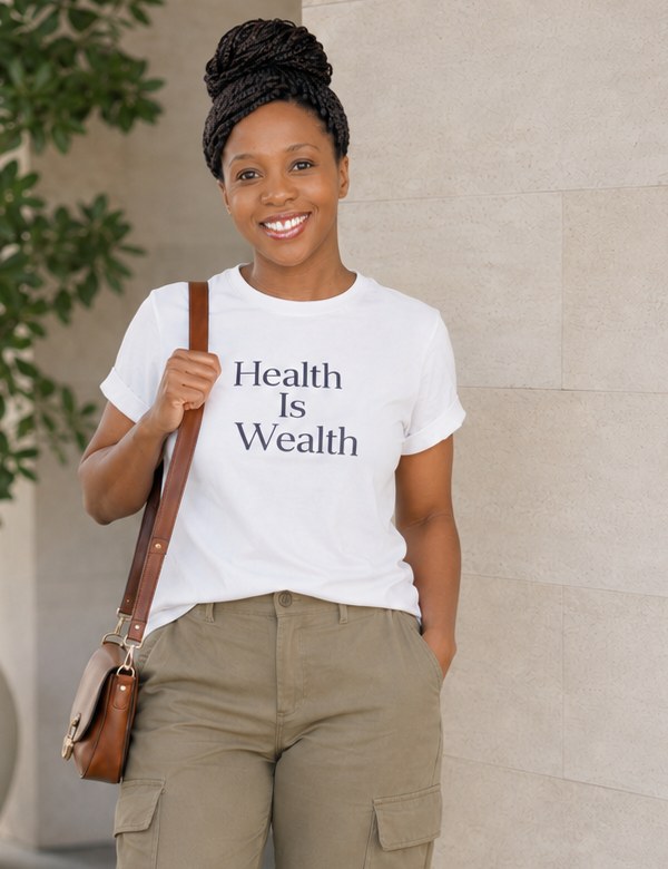 Annie Chitate wearing a Health Is Wealth shirt